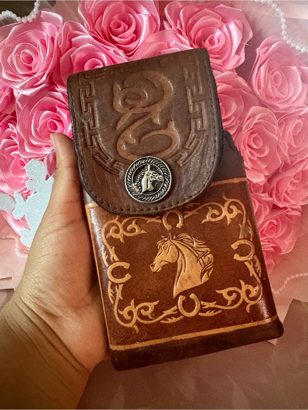 Brown Leather Horse Embossed Men's Wallet with Concho Closure